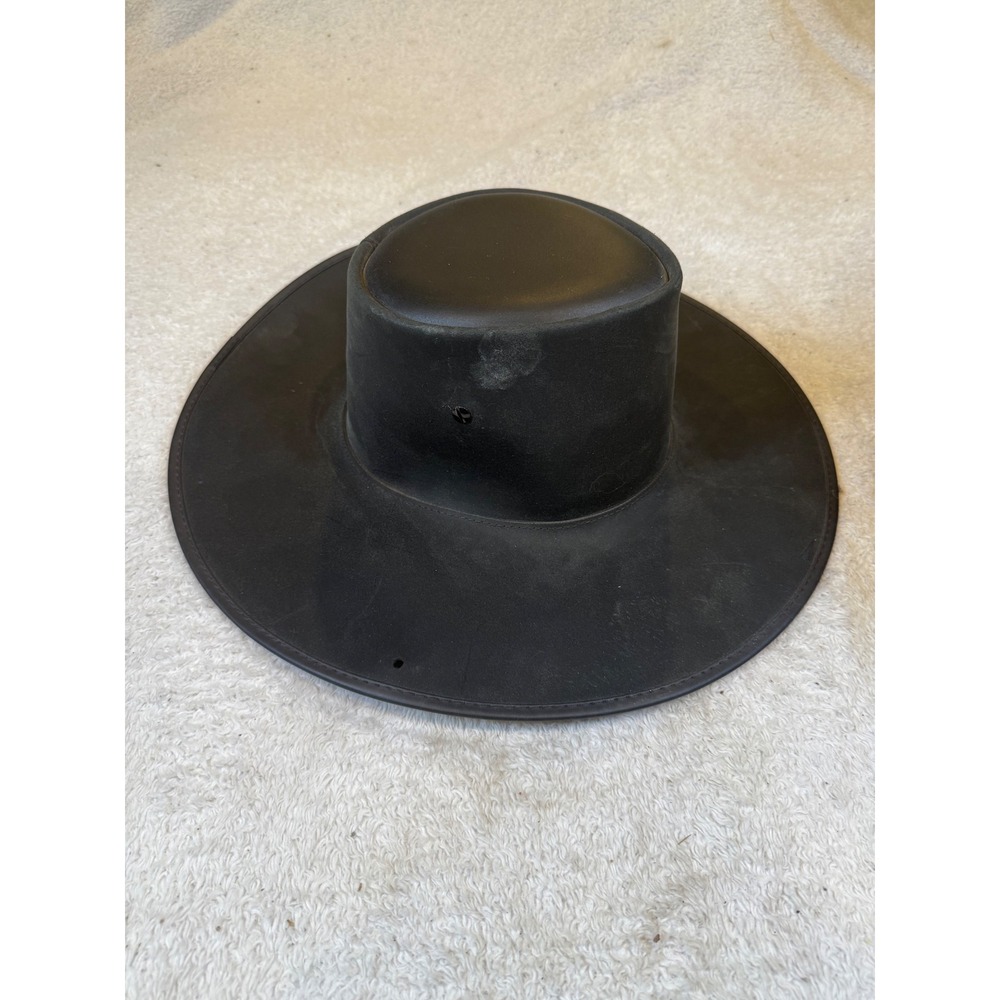 Mens Black Leather Wide Brim Western Flat Top Hat XXL Made in USA 7 3/4 7 7/8 - Picture 2 of 6